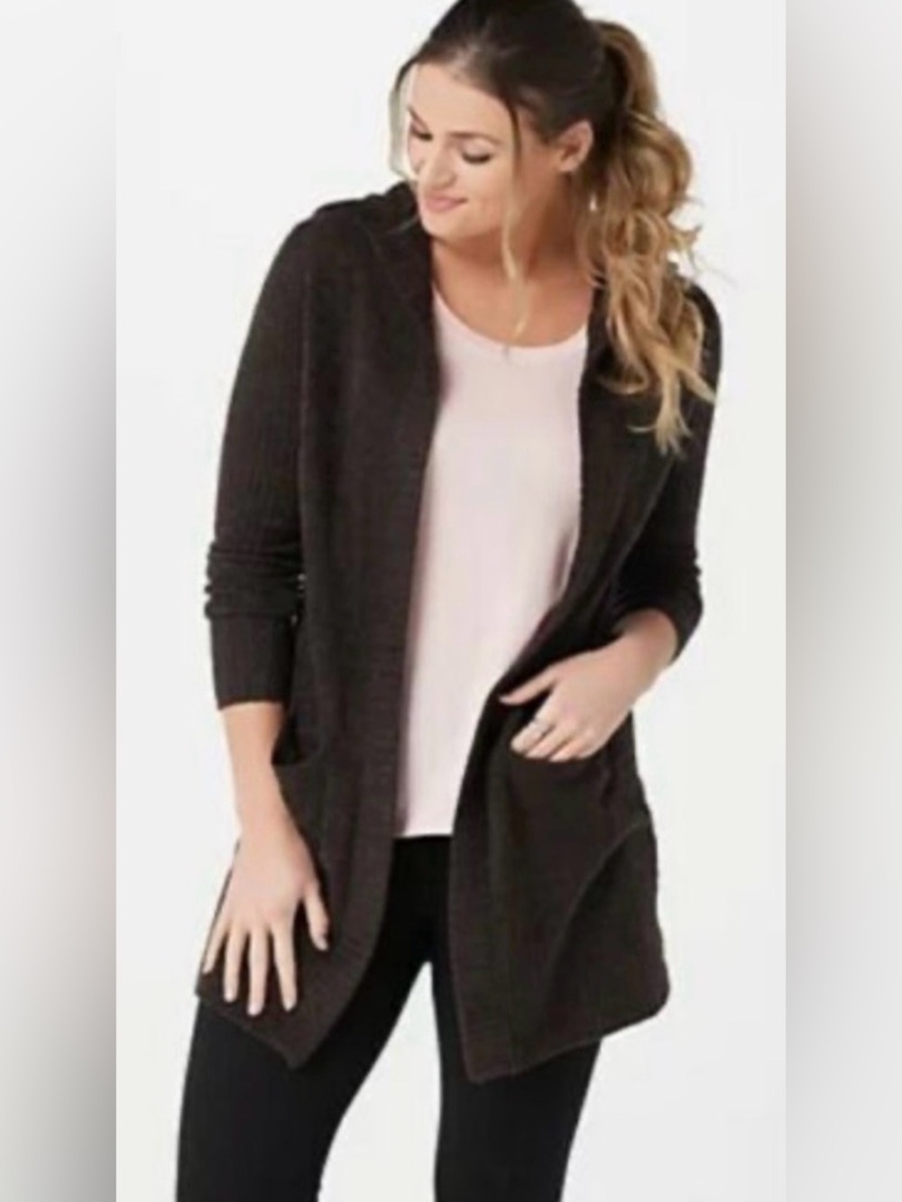 Barefoot Dreams CozyChic Lite Hooded Cardigan Sz L/XL lightweight, open-front.